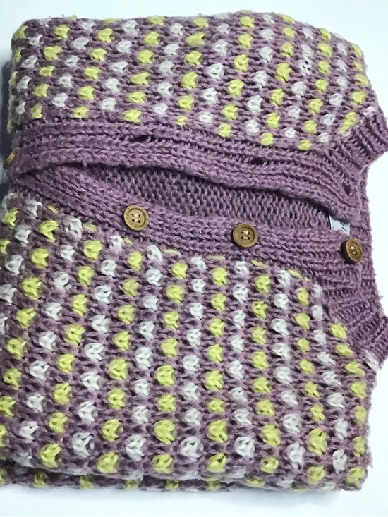 Magnolia Sweaters - Women’s cozy vintage  Lilac Knit cardigan Sweater Yellow & White Stitch Detail